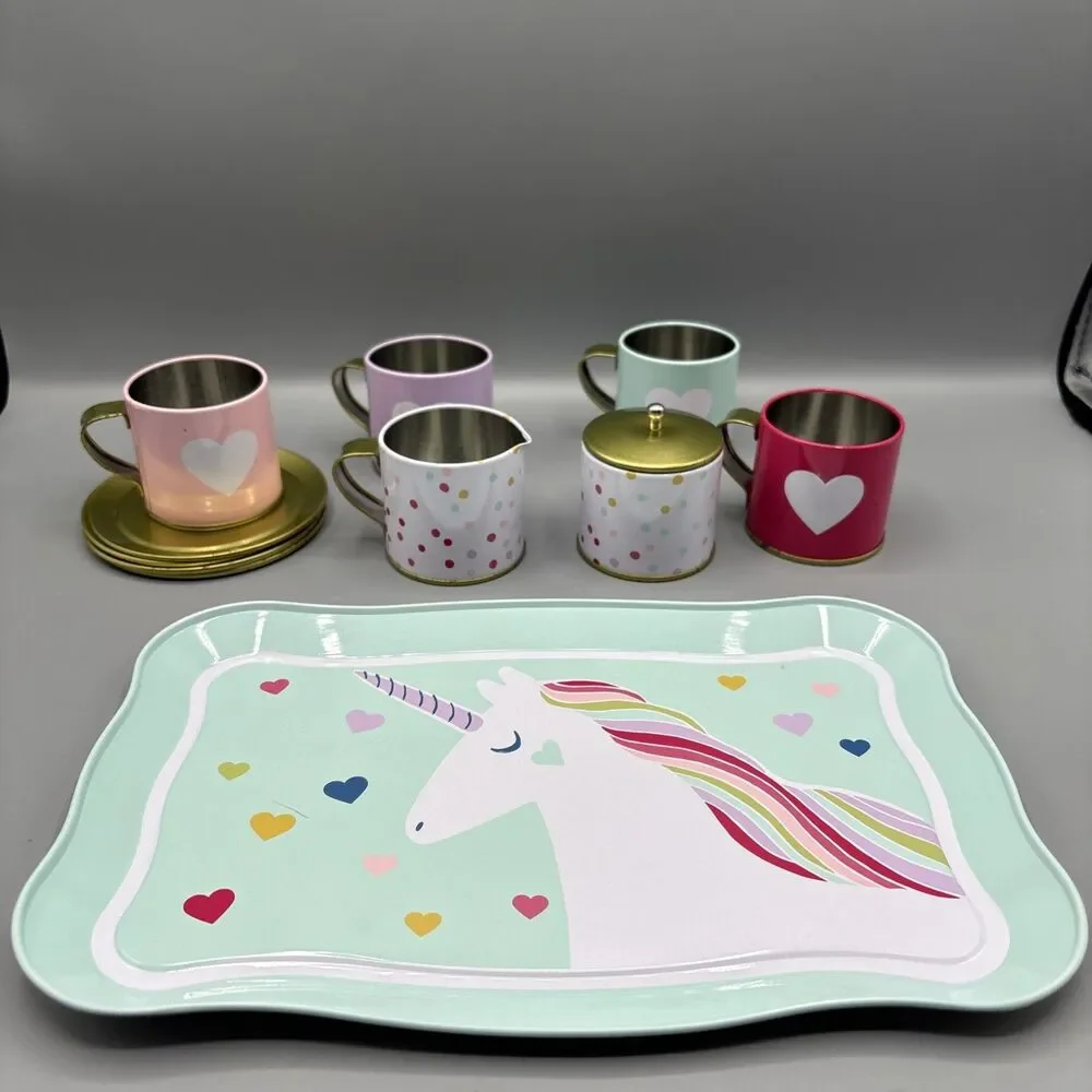 Pottery Barn Kids Play Dish Tin  Set Tray  4 Cups , Sugar and Creamer 4 Saucers